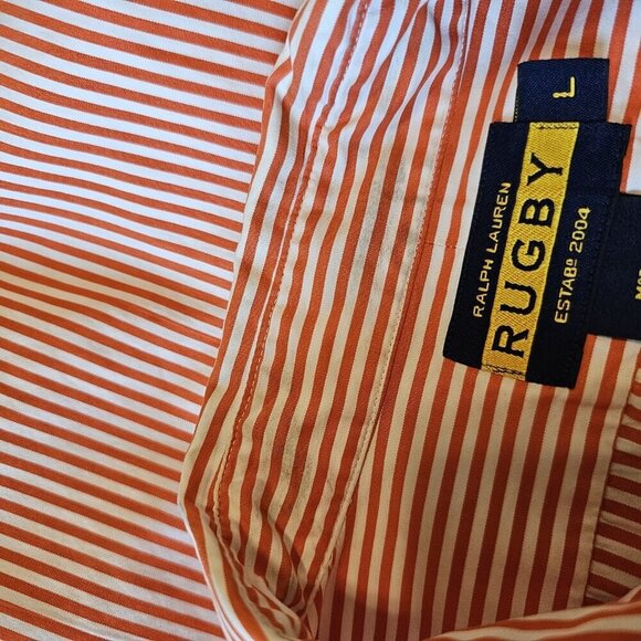 Vintage Ralph Lauren Rugby Orange Striped Cotton Long Sleeve Collared Shirt L - Picture 14 of 14